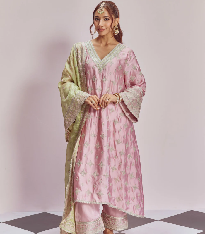 172 Anni Cupro Satin Onion Pink Kurta Set - Image 1