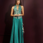 Kuhu Cupro Satin Printed Emerald Green Waistcoat with Skirt
