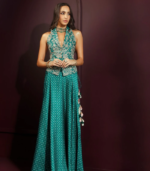 Kuhu Cupro Satin Printed Emerald Green Waistcoat with Skirt