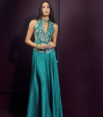 Kuhu Cupro Satin Printed Emerald Green Waistcoat with Skirt - Image 4