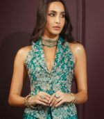Kuhu Cupro Satin Printed Emerald Green Waistcoat with Skirt - Image 3