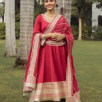 Mausami Red Linen Satin Anarkali Kurta Set