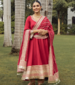 Mausami Red Linen Satin Anarkali Kurta Set