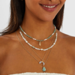 Turquoise Feather Pendant Bead Layered Necklace Turquoise