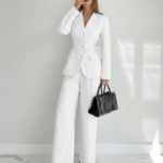 Collared Slim Fit A-Line Hem Striped Long Sleeve Blazer and Trouser Suit Set in White