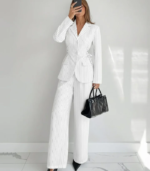 Collared Slim Fit A-Line Hem Striped Long Sleeve Blazer and Trouser Suit Set in White