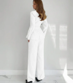 Collared Slim Fit A-Line Hem Striped Long Sleeve Blazer and Trouser Suit Set in White - Image 3