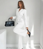 Collared Slim Fit A-Line Hem Striped Long Sleeve Blazer and Trouser Suit Set in White - Image 2