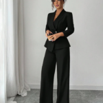 Formal A-Line Hem Long Sleeve Waist Coat and Flared Trouser Suit-Set In Black