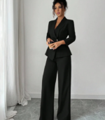 Formal A-Line Hem Long Sleeve Waist Coat and Flared Trouser Suit-Set In Black