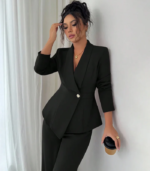 Formal A-Line Hem Long Sleeve Waist Coat and Flared Trouser Suit-Set In Black - Image 2