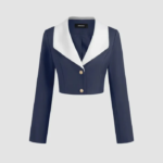 Contrast Collar Cropped Blazer in Navy Blue & White