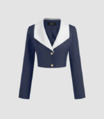 Contrast Collar Cropped Blazer in Navy Blue & White