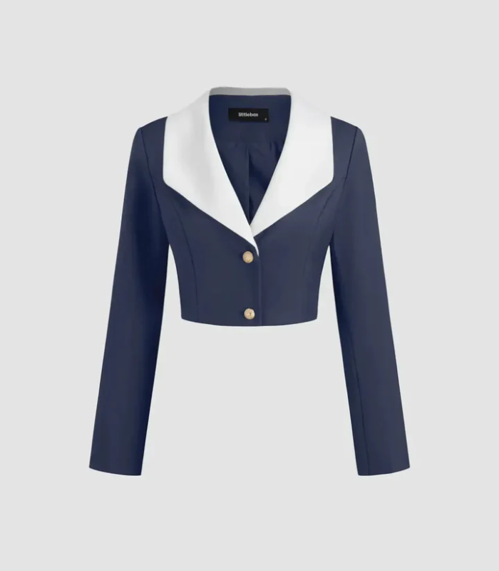 212 Contrast Collar Cropped Blazer in Navy Blue & White - Image 1