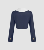 Contrast Collar Cropped Blazer in Navy Blue & White - Image 3