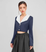 Contrast Collar Cropped Blazer in Navy Blue & White - Image 2
