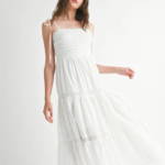 Ruffled textured bodice self tie lace trim midi dress
