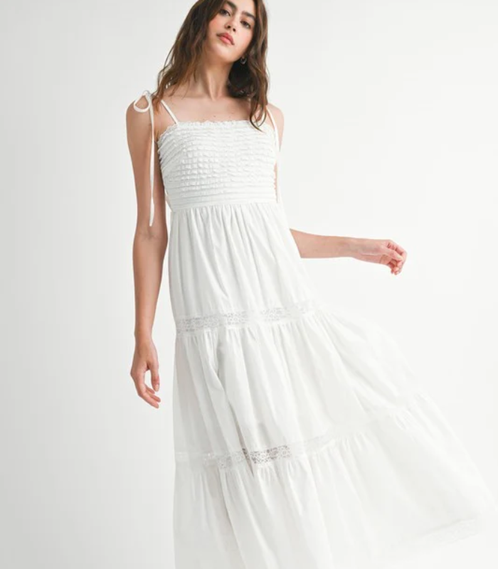 85 Ruffled textured bodice self tie lace trim midi dress - Image 1
