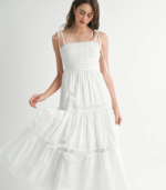 Ruffled textured bodice self tie lace trim midi dress - Image 3